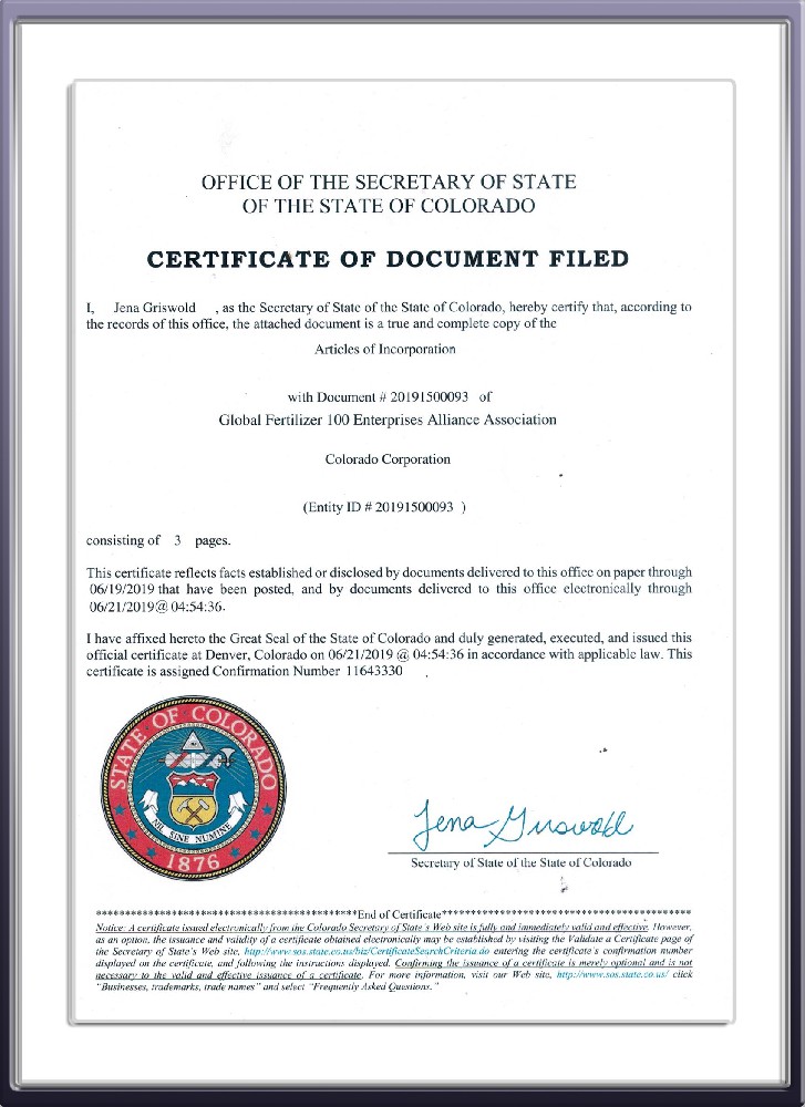 CERTIFICATE OF DOCUMENT FILED